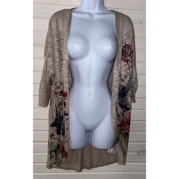 NWT Live In The Moment Sz LARGE Open Front Cardigan Oatmeal Floral Draped - Picture 4 of 11